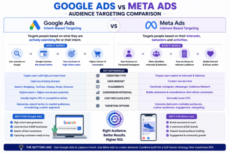 Comparison of Google Ads intent-based targeting and Meta Ads interest-based targeting