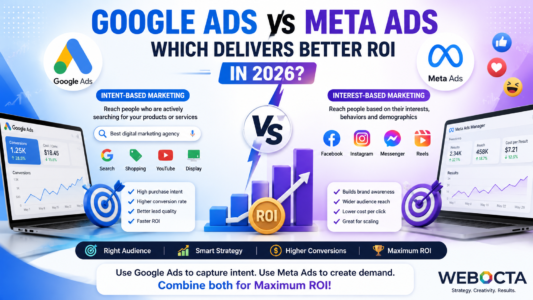 Google Ads vs Meta Ads comparison showing intent-based and interest-based advertising strategies to maximize ROI in 2026