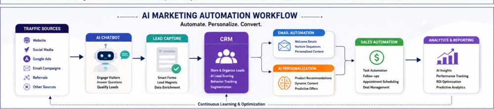 AI marketing automation workflow using CRM, chatbot, and email automation