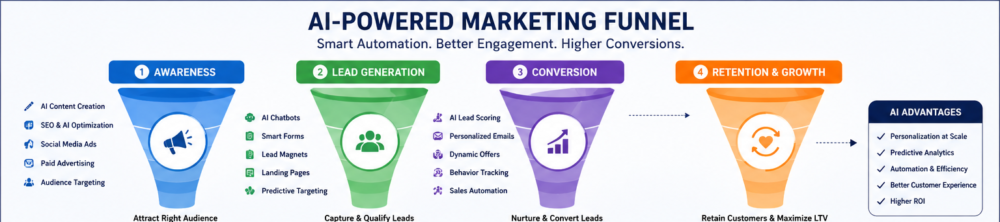 AI-powered marketing funnel showing awareness, lead generation, conversion, and retention stages