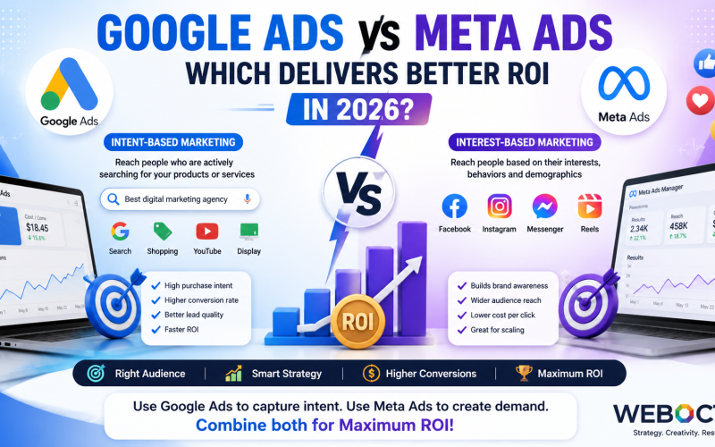 Google Ads vs Meta Ads comparison showing intent-based and interest-based advertising strategies to maximize ROI in 2026